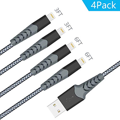 Product Cover Aoshitai MFi Certified Lightning Cable 4 Pack [3/3/6/6FT] -Nylon Braided iPhone Charging Cable Cord Compatible iPhone Xs/Max/XR/X/8/8Plus/7/7Plus/6S/6S Plus/SE, iPad and iPod - Grey