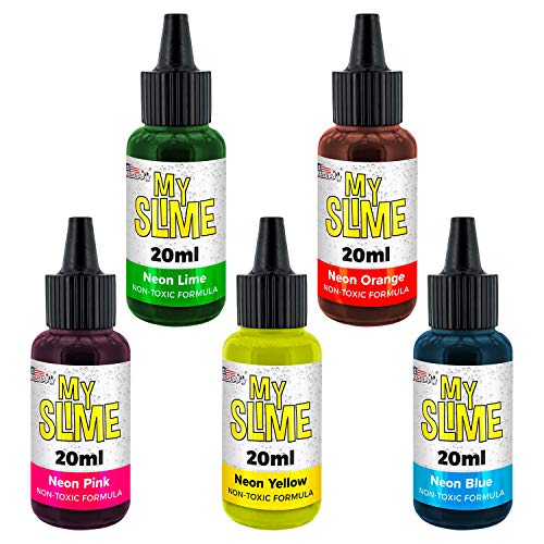 Product Cover My Slime 5 Color Premium Slime Neon Coloring Set, Large 20 ml Bottles - Non-Toxic Dyes, Works in White & Clear Slime Making Glues, Soaps - Color Mixing Wheel - Neon Pink, Blue, Lime, Yellow, Orange