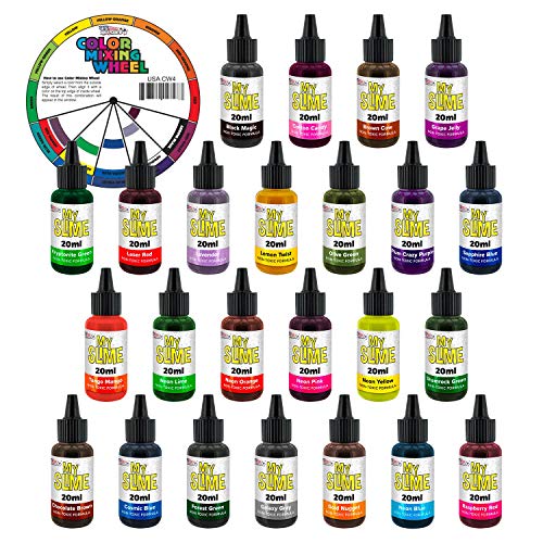 Product Cover My Slime 24 Color Premium Slime Coloring Set, Large 20 ml Bottles - Non-Toxic Dyes, Works in White & Clear Slime Making Glues, Soaps - Color Mixing Wheel