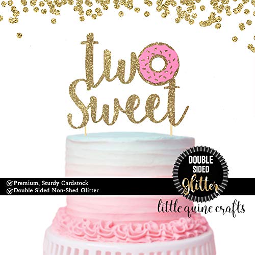 Product Cover 1 pc Two Sweet Donut DOUBLE SIDED Gold Glitter Cake Topper for Second Birthday Baby Toddler girl boy summer Party donut grow up theme