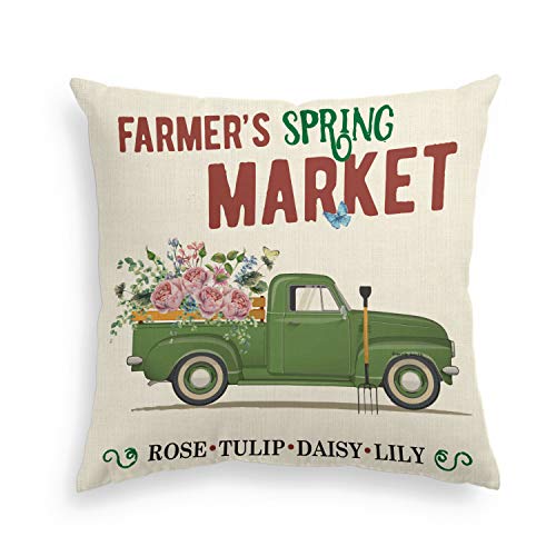 Product Cover AVOIN Easter Farm Spring Market Pillow Cover Truck Loads of Flower Rose Tulip Daisy Lily Linen Decorative Throw Pillowcase, 18 x 18 Inch Cute Farmhouse Cushion Cover for Sofa Couch