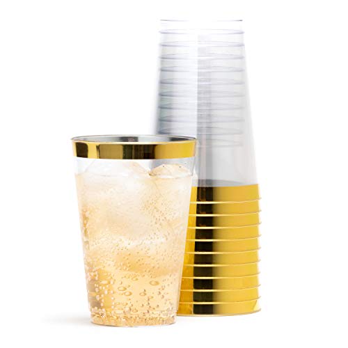 Product Cover Gold Rimmed Plastic Cups 14 Oz -Gold Plastic Cups - Fancy Clear Disposable Cups - Set of 50 - Securely Packed - Wine, Champagne, Water, Beer, Punch - Reusable Wedding, Birthday, Party Supplies