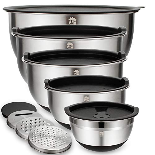 Product Cover Mixing Bowls Set of 5, Wildone Stainless Steel Nesting Bowls with Airtight Lids, 3 Grater Attachments, Measurement Marks & Non-Slip Bottoms, Size 5, 3, 2, 1.5, 0.63 QT, Great for Mixing & Serving