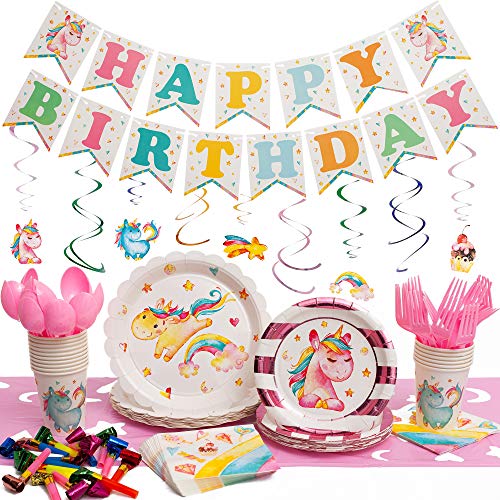 Product Cover 145 Piece Unicorn Party Supplies Pack - Serves 16 Guests - Disposable Paper Plates - Napkins - Cutlery & Cups - Birthday Banner - Swirly Decorations & Table Cloth for Girls