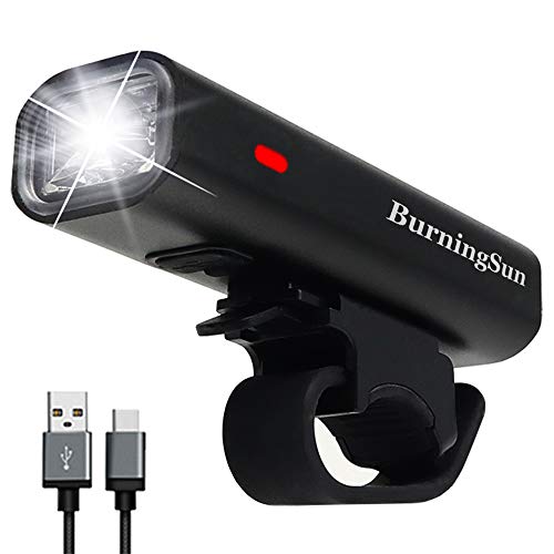 Product Cover BurningSun USB Bike Light Bike Headlight Runtime 8+ Hours 400 Lumen Super Bright Bicycle Front Light Waterproof 4 Mode USB Rechargeable Cycling Riding Lamp LED Flashlight Fits All Bicycles, Road, MTB