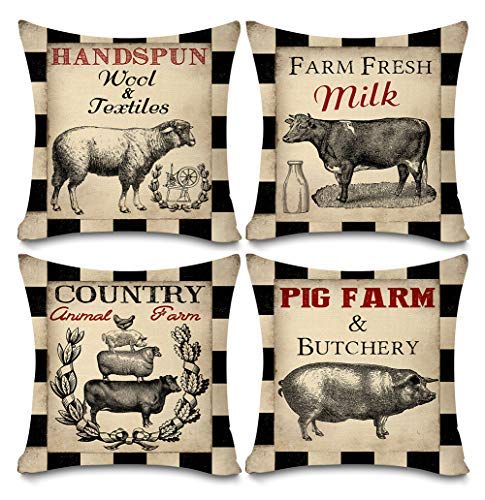Product Cover Faromily Vintage Farmhouse Animal Pillow Covers Black Buffalo Plaids Country Animal Farm Rooster Pig Cow Cotton Linen Throw Pillow Case Cushion Cover 18