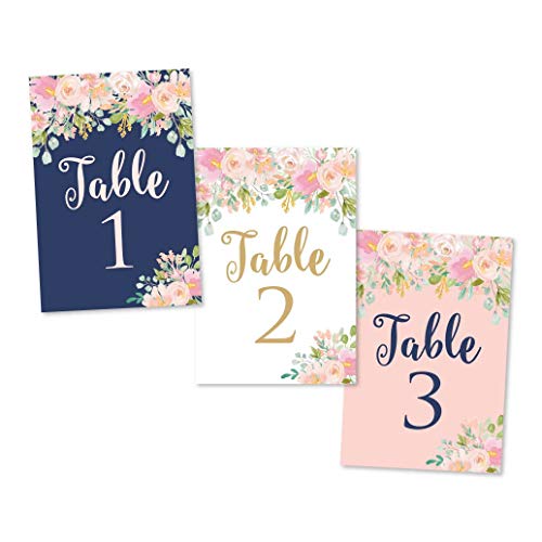 Product Cover 1-25 Navy Blush Floral Table Number Double Sided Signs For Wedding Reception, Restaurant, Birthday Event, Calligraphy Printed Numbered Card Centerpiece Decoration Setting Reusable Frame Stand 4x6 Size