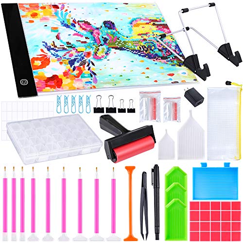 Product Cover PP OPOUNT 116 Pieces Diamond Painting Cross Stitch Tool Set Including A4 LED Light Pad, Diamond Stitch Pen, Tweezers, Clay, Plastic Tray, Roller and Diamond Embroidery Box for Diamond Painting