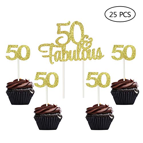 Product Cover Gold Gltter Number 50 50th Birthday 50th Anniversary Cupcake Toppers 50 & Fabulous Cake Topper Picks for Birthday Wedding Anniversary Party Decorations 25 PCS