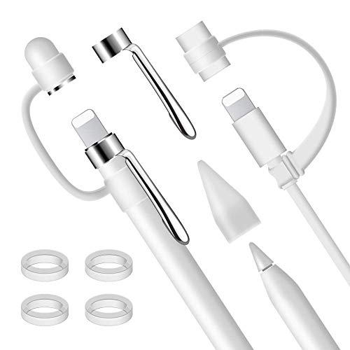 Product Cover Qoosea Compatible with Apple Pencil Replacement Cap Holder/Nib Cover/Charging Cable Adapter Tether/Pencil Pen Clip/Silicone Rings Compatible with Apple Pencil Accessories Kit (9 in a Pack)