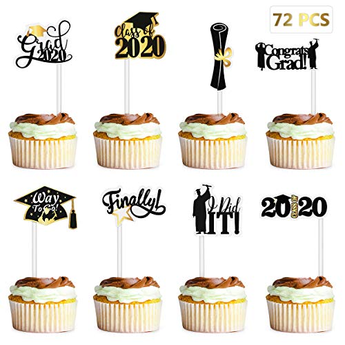 Product Cover Amosfun 72PCS Graduation Cupcake Toppers 2020 Graduation Party Decorations Cake Topper Picks Toothpick Toppers Class of 2020 Graduation Party Supplies