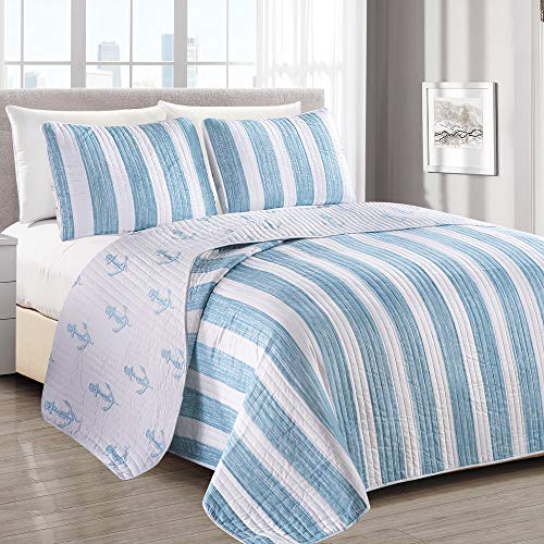 Product Cover Casco Bay Coastal Collection 3 Piece Quilt Set with Shams. Reversible Beach Theme Bedspread Coverlet. Machine Washable. (Full/Queen, Blue)