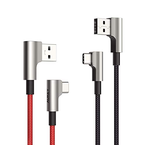 Product Cover AUKEY USB C Cable 90 Degree Right Angle [2-Pack 6.6ft] USB C to USB A Fast Charging Aramid Fiber Braided Nylon Type C Charger Cord for iPad Pro 2018, Samsung S9 S8 Note 9, LG V30 G6, Pixel 3 XL, GoPro