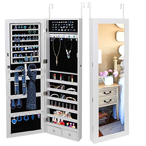 Product Cover SUPER DEAL Jewelry Armoire Lockable Jewelry Cabinet Wall/Door Mounted Jewelry Organizer with Full Length Mirror and Drawers - 14.5W x 48H in - Frosty White (White)
