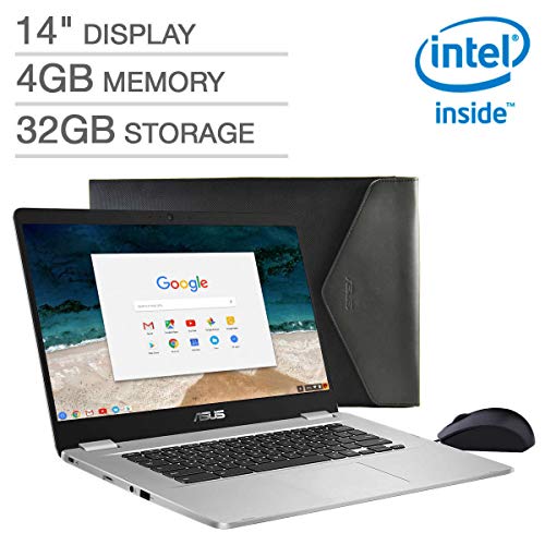 Product Cover 2019 ASUS Chromebook C423NA 14 FHD 1080P Display with Intel Dual Core Celeron Processor, 4GB RAM, 32GB eMMC Storage, Bonus Mouse and Sleeve Included,Silver Color (Sliver)