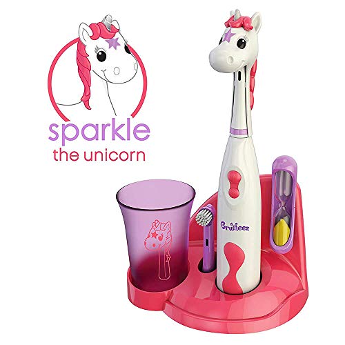 Product Cover Brusheez Kid's Electric Toothbrush Set - Sparkle the Unicorn - New & Improved with Softer Bristles, Easy-Press Power Button, 2 Brush Heads, Cute Animal Cover, Sand Timer, Rinse Cup & Storage Base