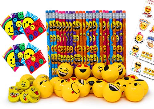 Product Cover Emoji Party Favors Set for Kids, 24 Pencils 24 Erasers 24 Yellow Sharpeners 24 Notebooks and 2 Sheets Stickers, Bulk Prizes Pack for Birthday Parties and Goody Bag Fillers, by 4Eâ€TMs Novelty