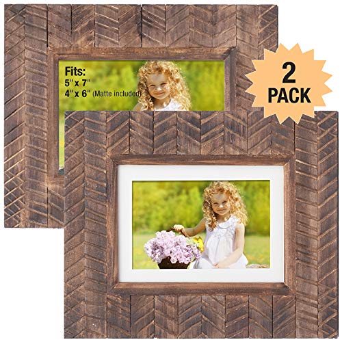 Product Cover Rustic Picture Frame Set: 5x7 Hanging Photo Frame Holder for Wall or Tabletop Display. Thick Carve Textured Wood Home Decor. Fits 5