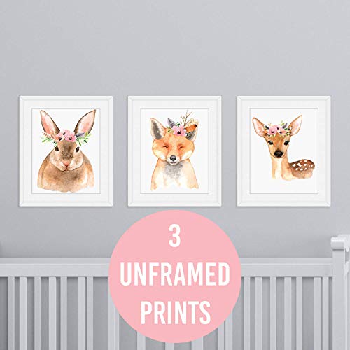 Product Cover Woodland Creatures Nursery Wall Prints - 3 UNFRAMED Baby Girl Bedroom Decor Fox Deer Rabbit Animal Whimsical Decor Posters 8x10