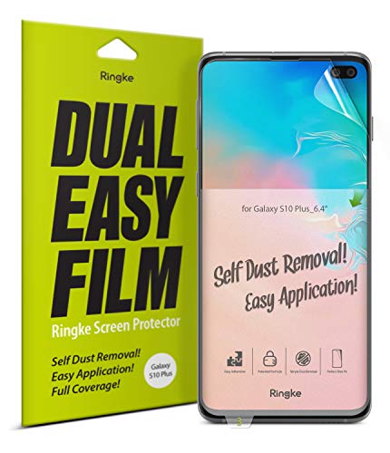 Product Cover Ringke Dual Easy Film [2 Pack] Compatible with [Galaxy S10 Plus] High Resolution [Anti-Smudge Coating] Easy Application Case Friendly Screen Protector for Galaxy S 10 Plus (6.4
