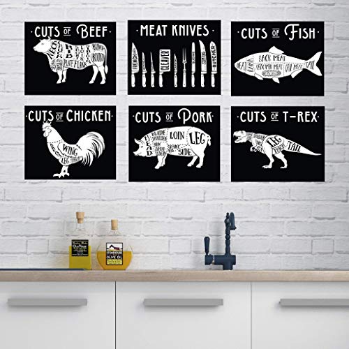 Product Cover Vintage Style Meat Butcher Prints - T-Rex Dino 6 Chef Diagram Illustrations Black & White Butcher's Cuts of Meat | Beef Chicken Pork Fish T-Rex Meat Knives 8x10 UNFRAMED Poster Kitchen Artwork