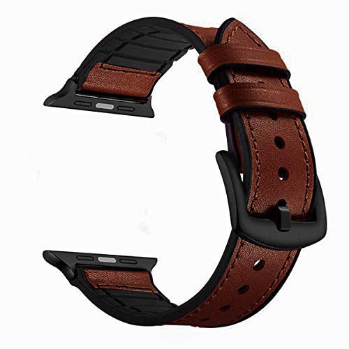 Product Cover CASE U Rubber Hybrid Leather Band Strap Compatible with Apple Watch Series 4 44mm Series 3 Series 2 Series 1 42mm Sport Edition(Brown)