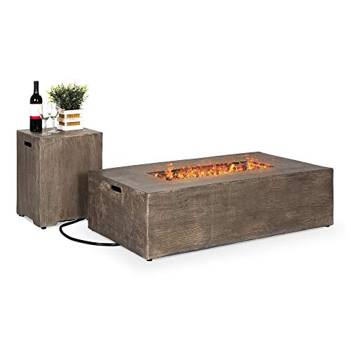 Product Cover Best Choice Products 48x27-inch 50,000 BTU Outdoor Patio Rustic Farmhouse Wood Finish Propane Fire Pit Table and Gas Tank Storage Side Table w/Weather-Resistant Pit Cover, Lava Rocks, Brown