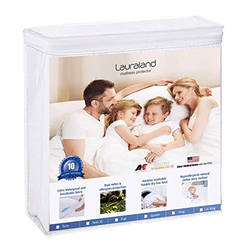 Product Cover Lauraland King Size Mattress Protector, Hypoallergenic Breathable Waterproof Mattress Cover, Vinyl Free Soft Cotton Terry Surface Protector, White