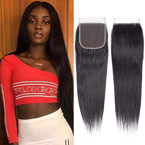 Product Cover Brazilian Virgin Human Hair Lace Closure Straight 4x4 Free Part Silk Straight Human Hair Top Lace Closure 8A Grade 10 inch Natural Black Color(10''Closure, Straight)