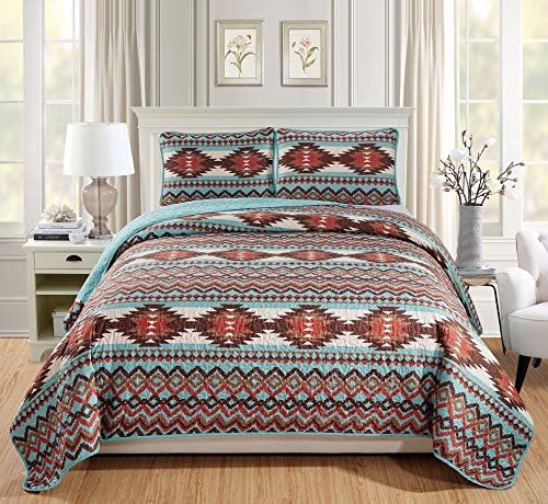 Product Cover Rugs 4 Less Rustic Southwestern Queen/Full Quilt Set Native American Tribal Bedspread Utah Turquoise Full/Queen Quilt