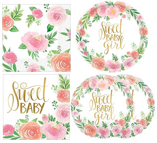 Product Cover Baby Girl Shower Floral Party Supplies Kit: Plates, Napkins and Balloons - Pink and Peach Floral