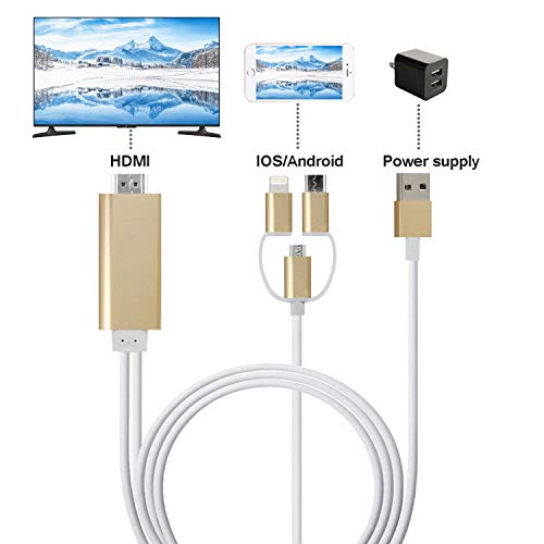 Product Cover ZFKJERS 3 in 1 Phone to HDMI Cable, Mirroring Cellphone Screen to TV/Projector/Monitor Adapter, 1080P Resolution for iOS and Android Devices (Gold)