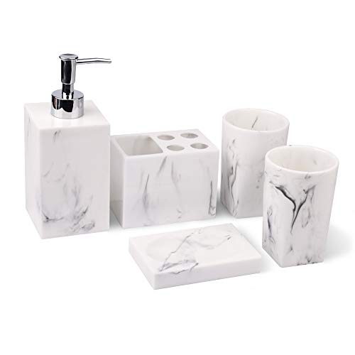 Product Cover Jung Ford 5-Piece Bathroom Counter Top Accessory Set - Dispenser for Liquid Soap or Lotion, Soap Dish, Toothbrush Holder and 2 Tumblers, Marble Imitated Resin