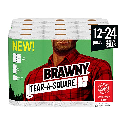 Product Cover Brawny Tear-A-Square Paper Towels, 12 = 24 Regular Rolls, 3 Sheet Size Options, Quarter Size Sheets, 12 Count