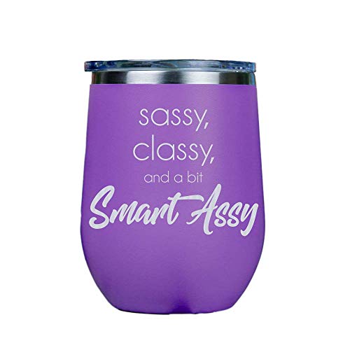 Product Cover Sassy, Classy, and a bit Smart Assy - Stainless Steel Stemless Wine Insulated Tumbler with clear lid 12oz Red or White Great Gift for Her, Him Travel includes free wine/food pairing card - Purple