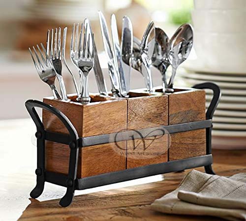 Product Cover Wood art store Wooden Cutlery Holder for Dining Table with 3 Wooden jar and one Wrought Iron Stand (Black and Brown)