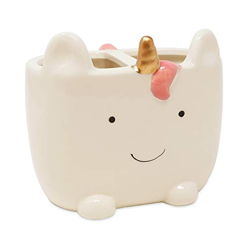Product Cover Isaac Jacobs White Ceramic Unicorn Makeup Brush Holder, Multi-Purpose 2-Section Organizer. Bathroom, Kitchen, Bedroom, Office Décor (2-Section Cup, Unicorn)