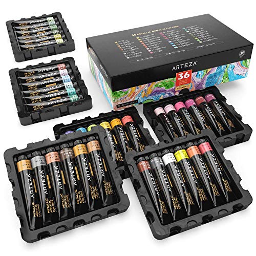 Product Cover ARTEZA Metallic Acrylic Paint, Set of 36 Colors/Tubes (22 ml, 0.74 oz.) with Storage Box, Rich Pigments, Non Fading, Non Toxic Paints for Artist, Hobby Painters & Kids, Ideal for Canvas Painting