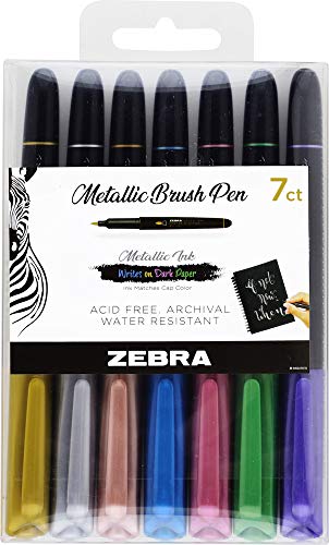 Product Cover Zebra Pen Metallic Brush Pen, Medium Point, Pigment Ink, Assorted Colors, 7 Pack