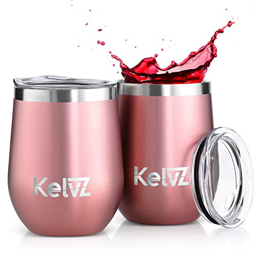 Product Cover KelvZ 2 Pack Insulated Wine Tumbler with Lid | 12 oz Stemless Wine Glasses | 18/8 Stainless Steel Tumbler for Wine and Hot Drinks | Double Wall Vacuum Insulated Tumbler Wine Glass Set (Rose Gold)