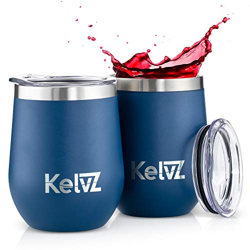 Product Cover KelvZ 2 Pack Insulated Wine Tumbler with Lid | 12 oz Stemless Wine Glasses | 18/8 Stainless Steel Tumbler for Wine and Hot Drinks | Double Wall Vacuum Insulated Tumbler Wine Glass Set (Deep Ocean)