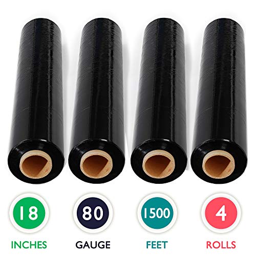 Product Cover 4 Rolls 18 inch x 1500 Feet Stretch Wrap 80 Gauge Heavy Duty Shrink Film, Extra Strong 18 inch Black Hand Stretch Wrap, Pack of 4 Rolls
