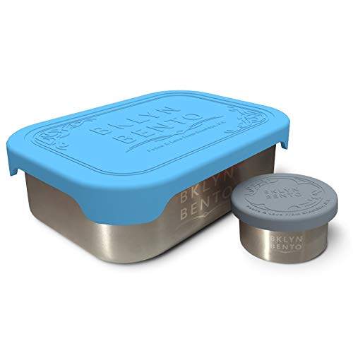 Product Cover Stainless Steel Food Container & Condiment Holder | Leak Proof Silicone Lid | Metal Lunch Box | Bento Box | Nesting Storage | Portion Control Snacks Dressings | Baby Kids Adults [2 PCS Set/Blue]