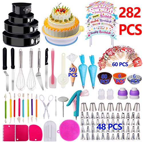Product Cover Cake Decorating Supplies 2019 Upgrade 282 PCS Baking Set with Springform Cake Pans Set,Cake Rotating Turntable,Cake Decorating Kits, Muffin Cup Mold, Cake Baking Supplies for Beginners and Cake Lovers