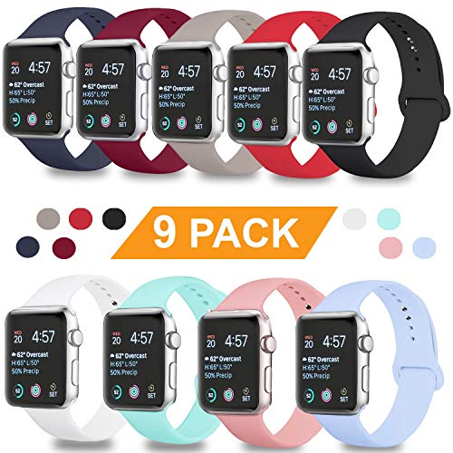 Product Cover DOBSTFY Sport Band Compatible for iWatch Band 38mm 40mm 42mm 44mm, Soft Silicone Replacement Sport Strap Compatible with Apple Watch Series 5/4/3/2/1, 38mm 40mm S/M (9 Pack)