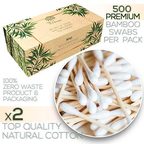 Product Cover Premium 500 Biodegradable Bamboo Cotton Swabs | Compostable Wooden Ear Sticks | Zero Waste Disposable Products | Plastic Free Makeup Swab | Safety Organic Buds for Eye Cleaning | Eco Friendly Utensils