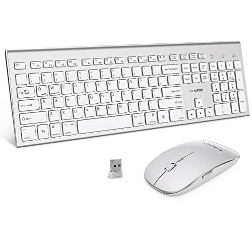 Product Cover Wireless Keyboard and Mouse,FENIFOX Full-Size USB Dual System Switching Double Ergonomic Whisper-Quiet Compatible with PC Desktop Computer macOS Windows -Silver White