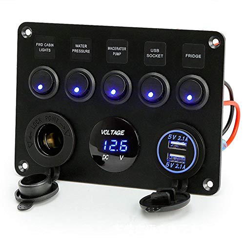 Product Cover iSmily Toggle Rocker Switch Panel Dual USB Socket Charger 4.2A + LED Voltmeter + 12V Power Outlet + 5 Gang ON-Off Toggle Switch Multi-Functions Panel for RV Car Boat Vehicle Truck Yacht (Blue)