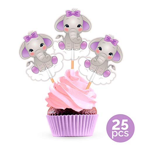 Product Cover Purple Elephant Cupcake Cake Toppers - Lavender Lilac Baby Shower Birthday Party Decorations Supplies - 25 Pieces