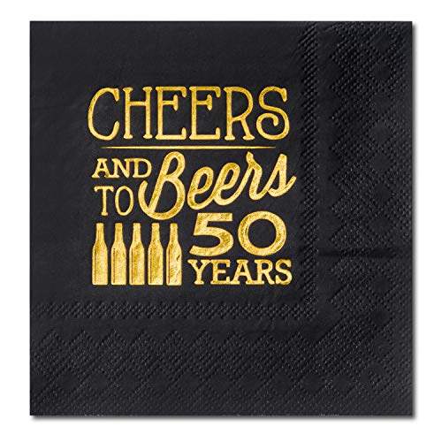 Product Cover Crisky 50th Birthday Cocktail Napkins Black and Gold, Beverages Napkins for 50th Birthday Anniversary Decorations Cheers and Beers to 50 Years, 50 PCS, 3-Ply